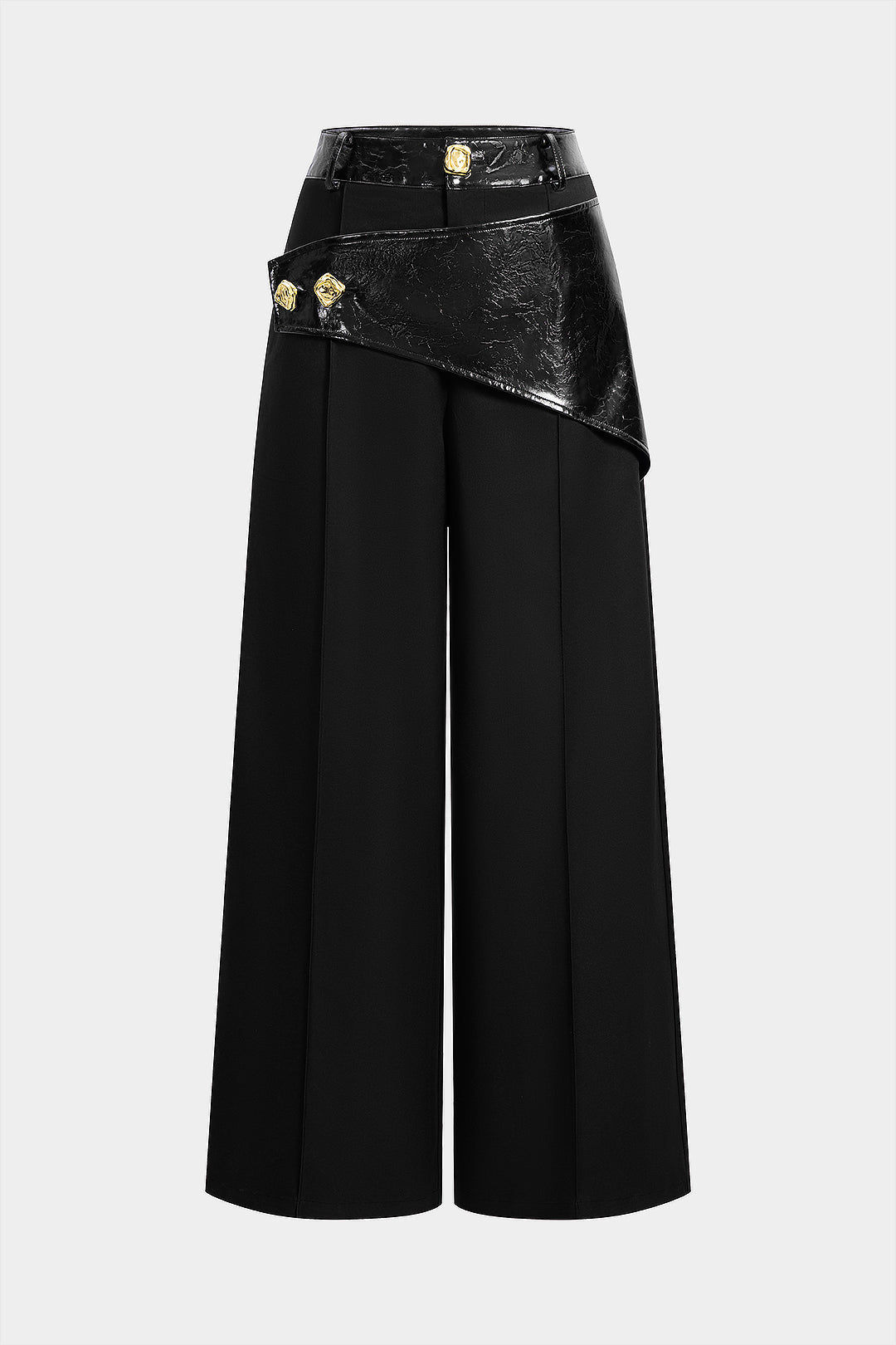 Faux Leather Patchwork Asymmetrical Metallic Button Wide Leg Pants