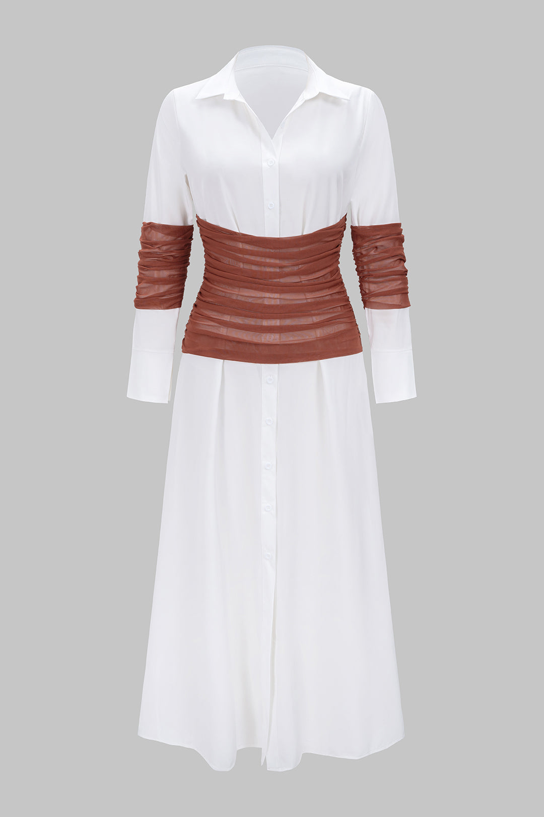 Patchwork Mesh Ruched Lapel Long Sleeve Midi Dress