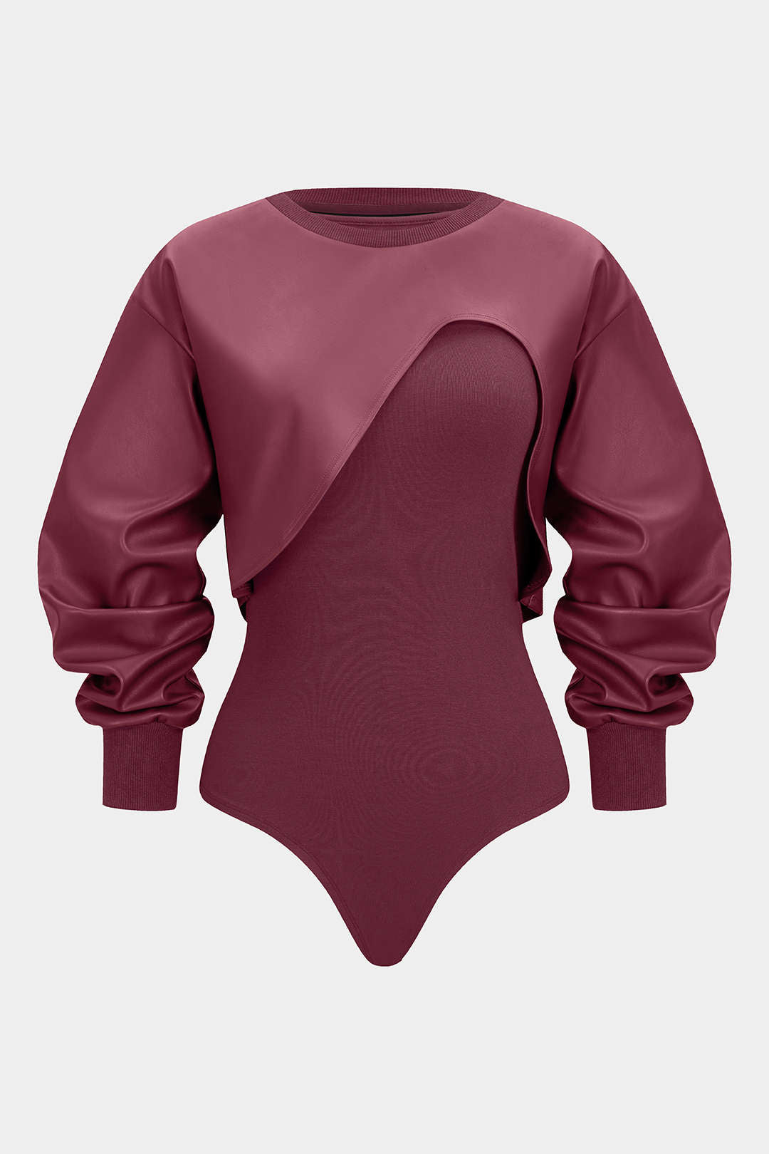Faux Leather Patchwork Round Neck Asymmetrical Long Sleeve Bodysuit