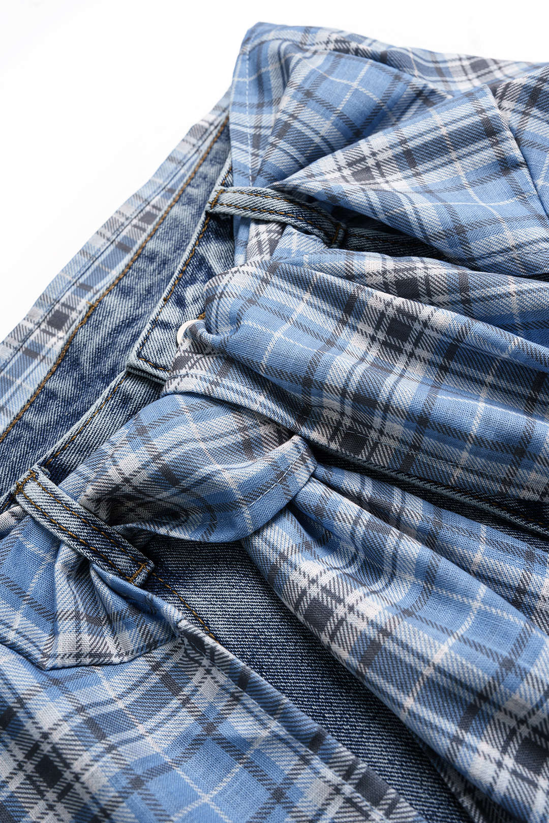 Denim Plaid Print Tie-Up Pocket High Waist Jeans