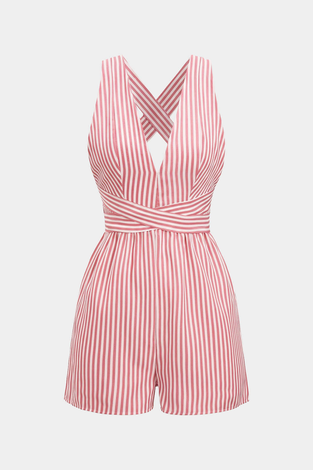 Stripes Print V-Neck Crossed Backless Sleeveless Romper