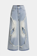 Denim Frayed Cut Out High Waist Straight Leg Jeans
