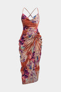 Floral Print Satin Draped Cowl Neck Asymmetrical Ruched Sleeveless Midi Dress