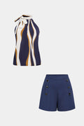 Stripes Print Knotted Tank Top And Button Shorts Set