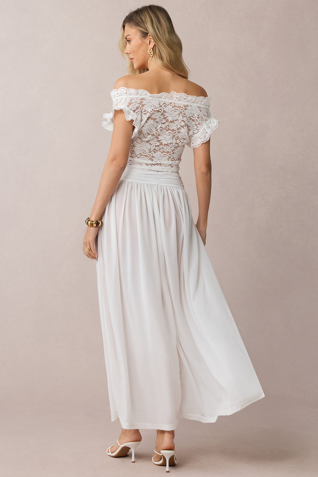 Sheer Lace Patchwork Off-Shoulder Ruched Sleeveless Midi Dress