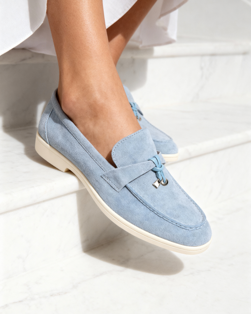 "Our model in the baby blue lady loafers"